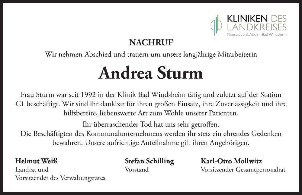  Traueranzeige für Andrea Sturm vom 24.05.2024 aus Neustadt/ Scheinfeld/ Uffenheim