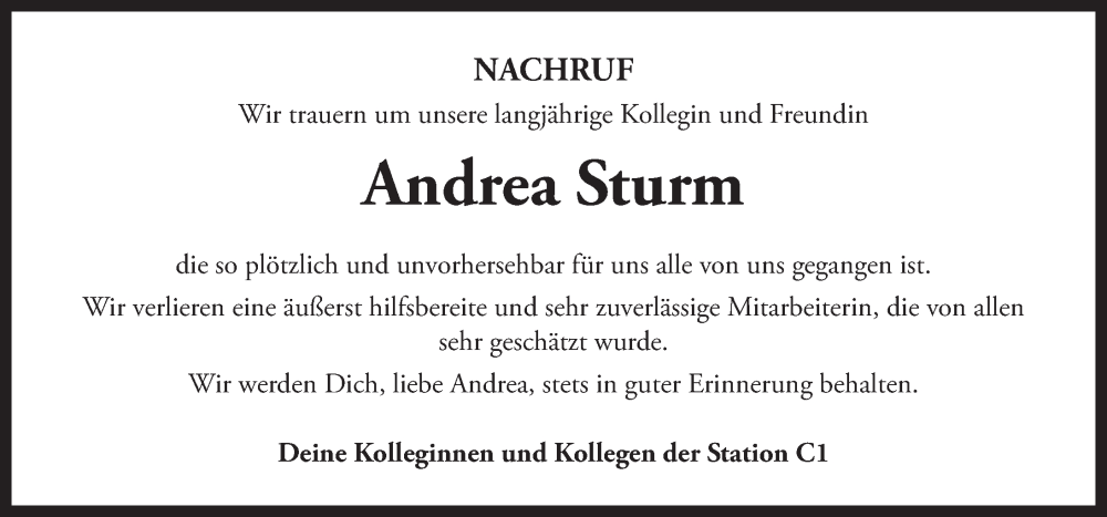  Traueranzeige für Andrea Sturm vom 24.05.2024 aus Neustadt/ Scheinfeld/ Uffenheim