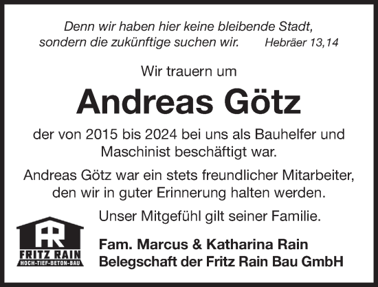 Traueranzeige von Andreas Götz von Neustadt/ Scheinfeld/ Uffenheim