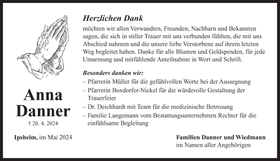 Traueranzeige von Anna Danner von Neustadt/ Scheinfeld/ Uffenheim