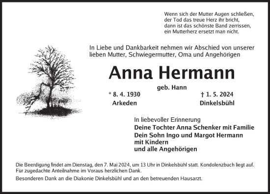 Traueranzeige von Anna Hermann von Dinkelsbühl/ Feuchtwangen