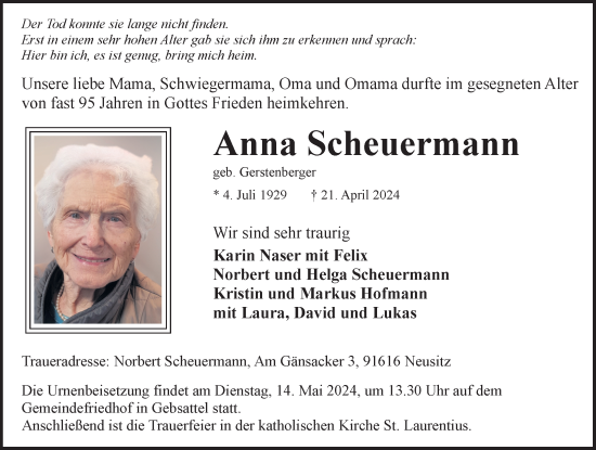Traueranzeige von Anna Scheuermann von Rothenburg