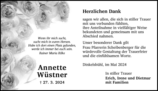 Traueranzeige von Annette Wüstner von Dinkelsbühl/ Feuchtwangen