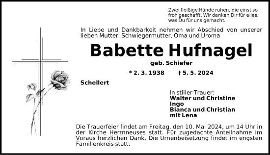 Traueranzeige von Babette Hufnagel von Neustadt/ Scheinfeld/ Uffenheim