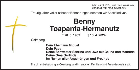 Traueranzeige von Benny Toapanta-Hermanutz von Ansbach