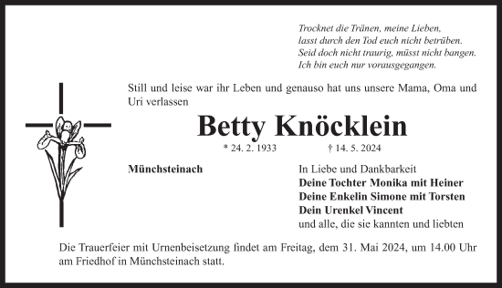 Traueranzeige von Betty Knöcklein von Neustadt/ Scheinfeld/ Uffenheim