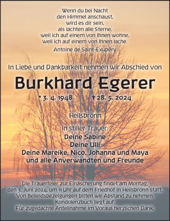 Traueranzeige von Burkhard Egerer von Ansbach