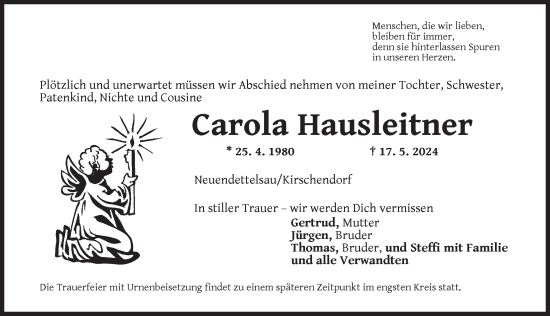 Traueranzeige von Carola Hausleitner von Ansbach