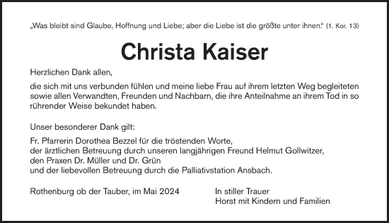 Traueranzeige von Christa Kaiser von Rothenburg