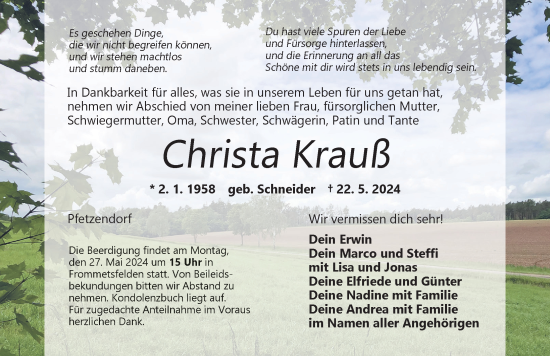 Traueranzeige von Christa Krauß von Ansbach