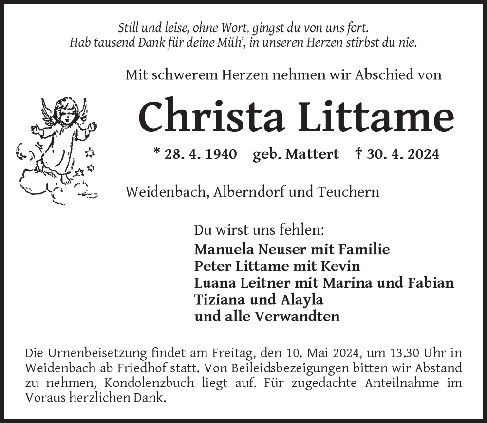  Traueranzeige für Christa Littame vom 07.05.2024 aus Ansbach