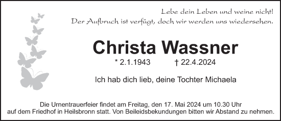 Traueranzeige von Christa Wassner von Ansbach