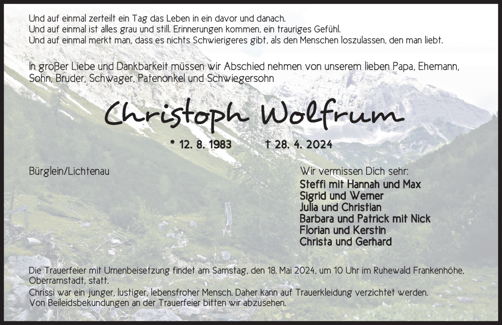  Traueranzeige für Christoph Wolfrum vom 15.05.2024 aus Ansbach