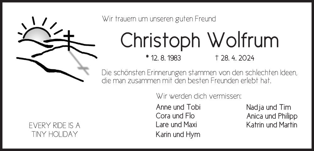  Traueranzeige für Christoph Wolfrum vom 15.05.2024 aus Ansbach