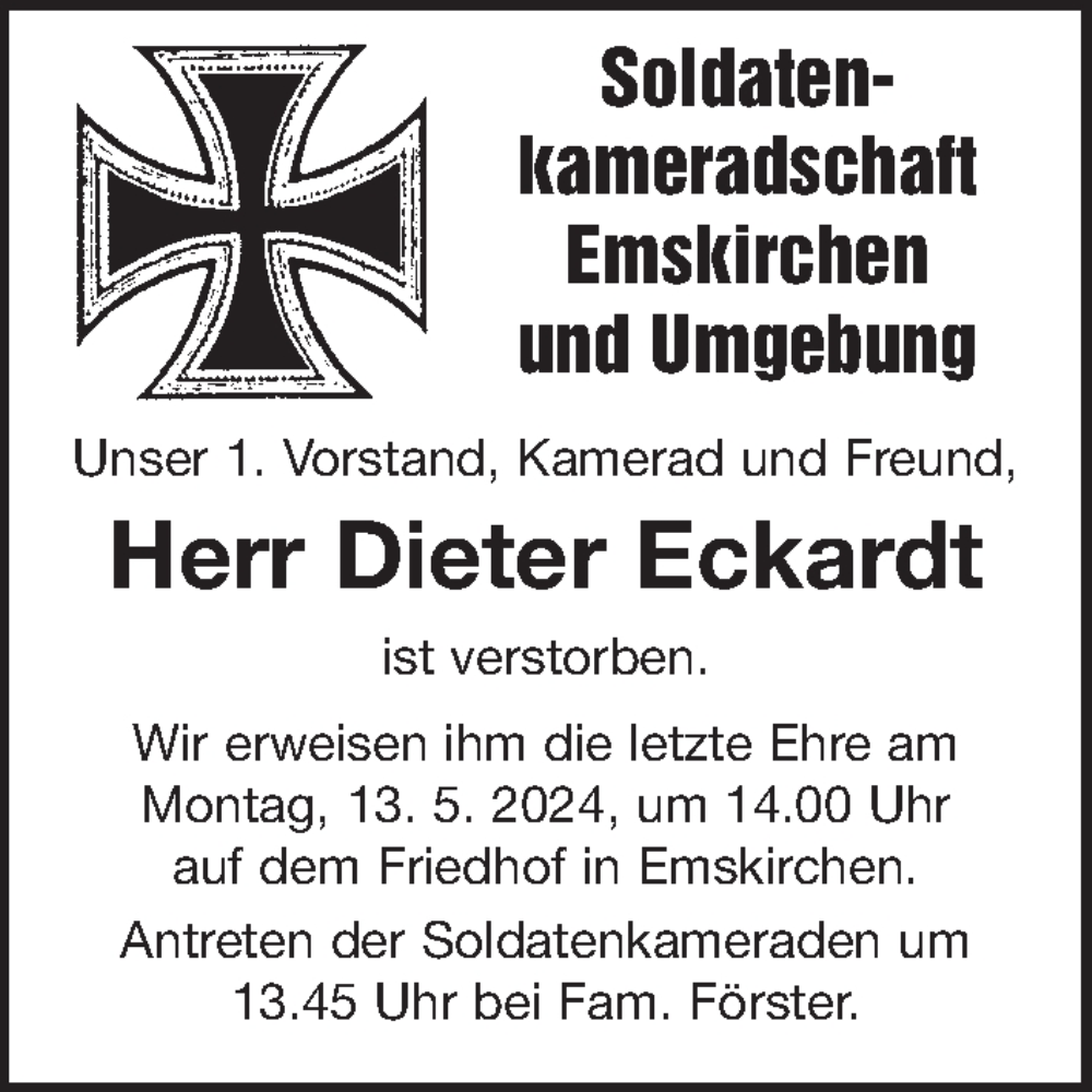  Traueranzeige für Dieter Eckardt vom 11.05.2024 aus Neustadt/ Scheinfeld/ Uffenheim