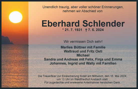 Traueranzeige von Eberhard Schlender von GE