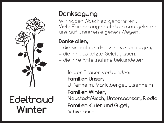 Traueranzeige von Edeltraud Winter von Neustadt/ Scheinfeld/ Uffenheim