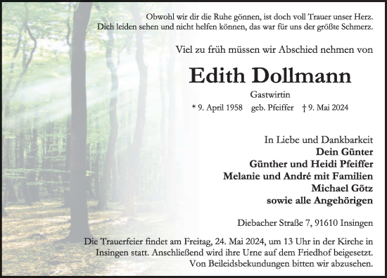 Traueranzeige von Edith Dollmann von Rothenburg