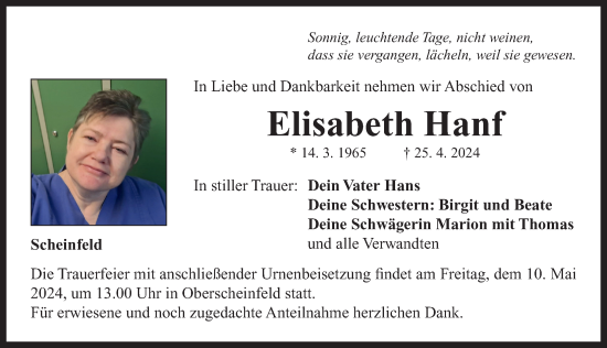 Traueranzeige von Elisabeth Hanf von Neustadt/ Scheinfeld/ Uffenheim