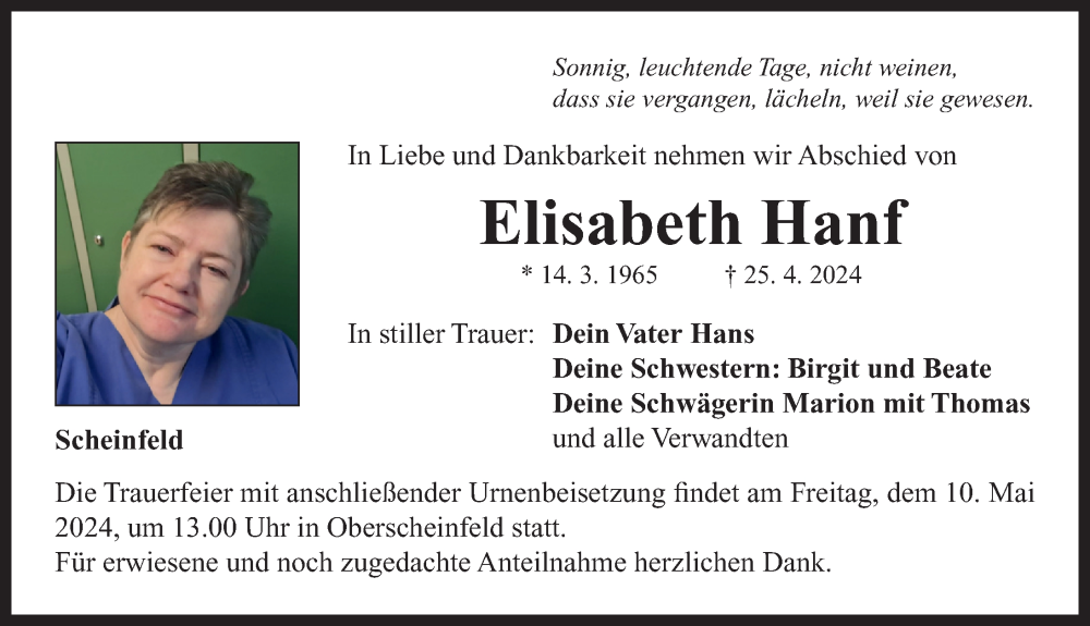  Traueranzeige für Elisabeth Hanf vom 08.05.2024 aus Neustadt/ Scheinfeld/ Uffenheim