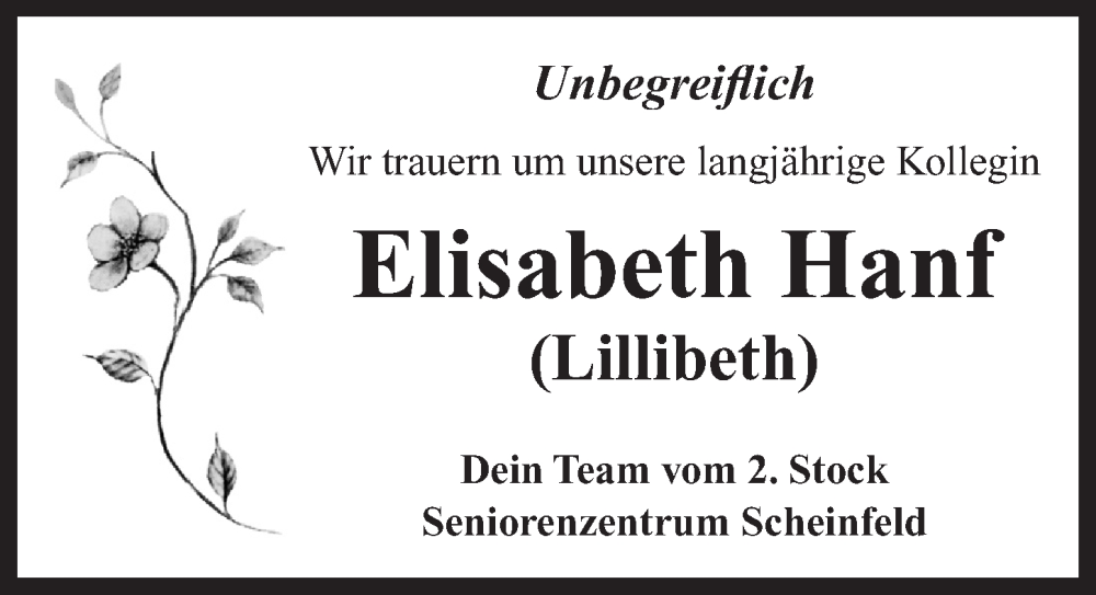  Traueranzeige für Elisabeth Hanf vom 08.05.2024 aus Neustadt/ Scheinfeld/ Uffenheim