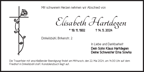 Traueranzeige von Elisabeth Hartdegen von Dinkelsbühl/ Feuchtwangen