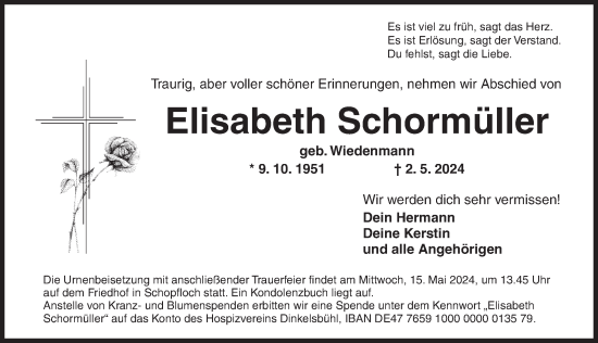 Traueranzeige von Elisabeth Schormüller von Dinkelsbühl/ Feuchtwangen