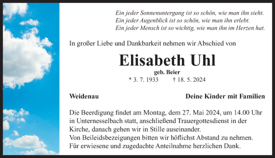 Traueranzeige von Elisabeth Uhl von Neustadt/ Scheinfeld/ Uffenheim