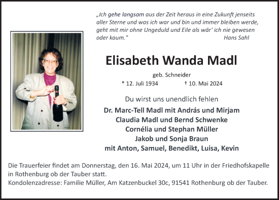 Traueranzeige von Elisabeth Wanda Madl von Rothenburg