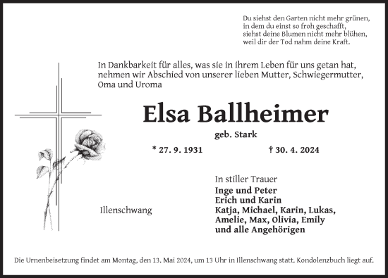 Traueranzeige von Elsa Ballheimer von Dinkelsbühl/ Feuchtwangen