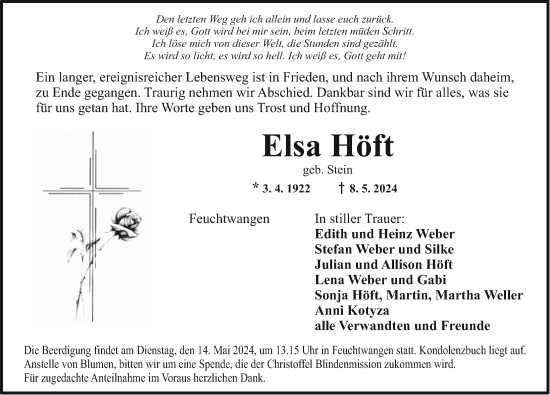 Traueranzeige von Elsa Höft von Dinkelsbühl/ Feuchtwangen