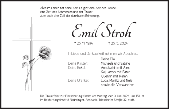 Traueranzeige von Emil Stroh von Ansbach