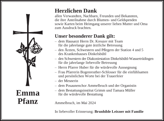 Traueranzeige von Emma Pfanz von Dinkelsbühl/ Feuchtwangen