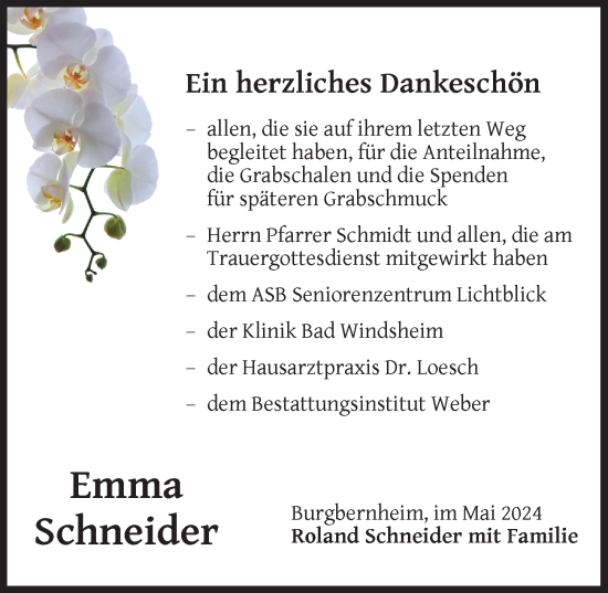 Traueranzeige von Emma Schneider von Neustadt/ Scheinfeld/ Uffenheim