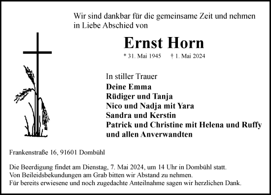 Traueranzeige von Ernst Horn von Ansbach