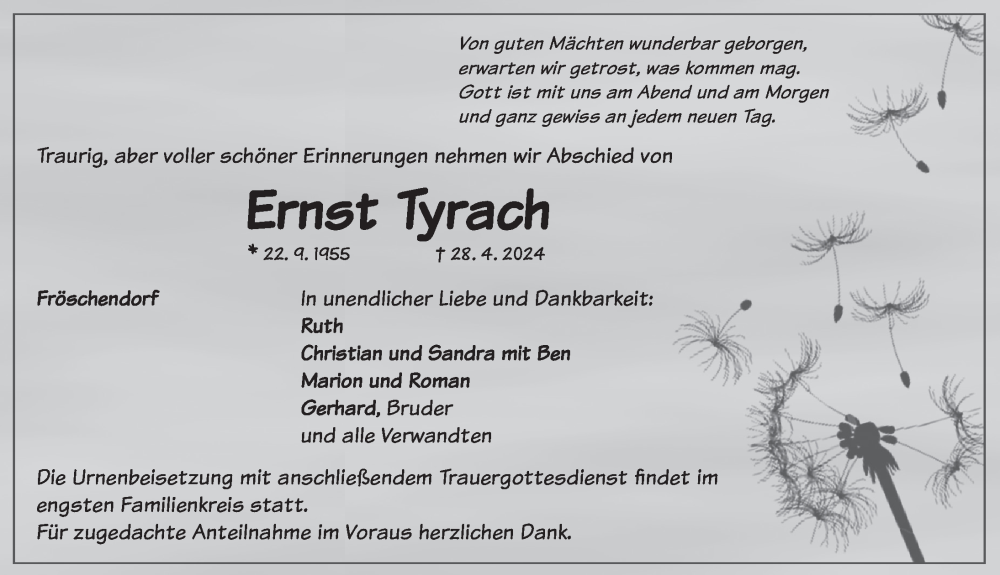  Traueranzeige für Ernst Tyrach vom 04.05.2024 aus Neustadt/ Scheinfeld/ Uffenheim