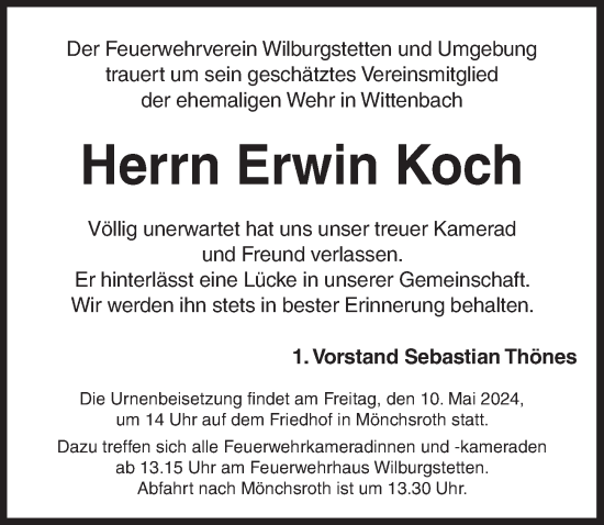 Traueranzeige von Erwin Koch von Dinkelsbühl/ Feuchtwangen