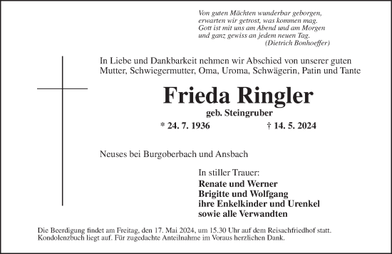Traueranzeige von Frieda Ringler von Ansbach