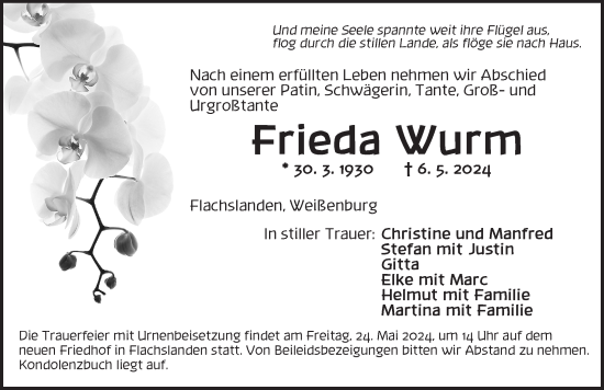 Traueranzeige von Frieda Wurm von Ansbach