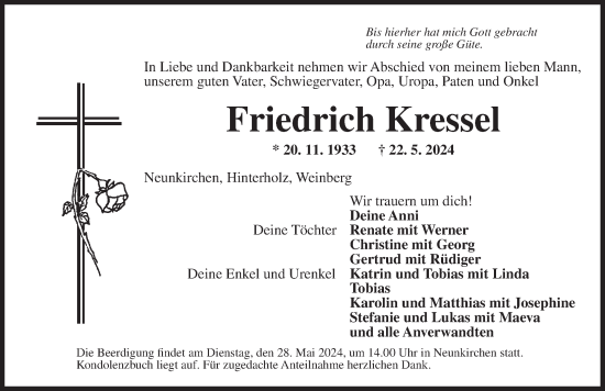 Traueranzeige von Friedrich Kressel von Ansbach