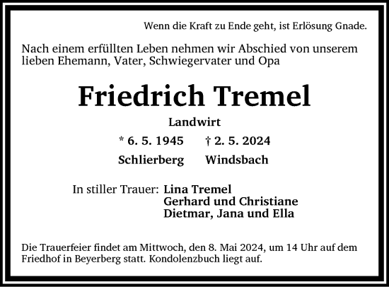 Traueranzeige von Friedrich Tremel von Dinkelsbühl/ Feuchtwangen