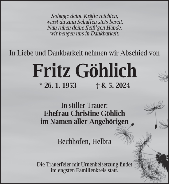 Traueranzeige von Fritz Göhlich von GE