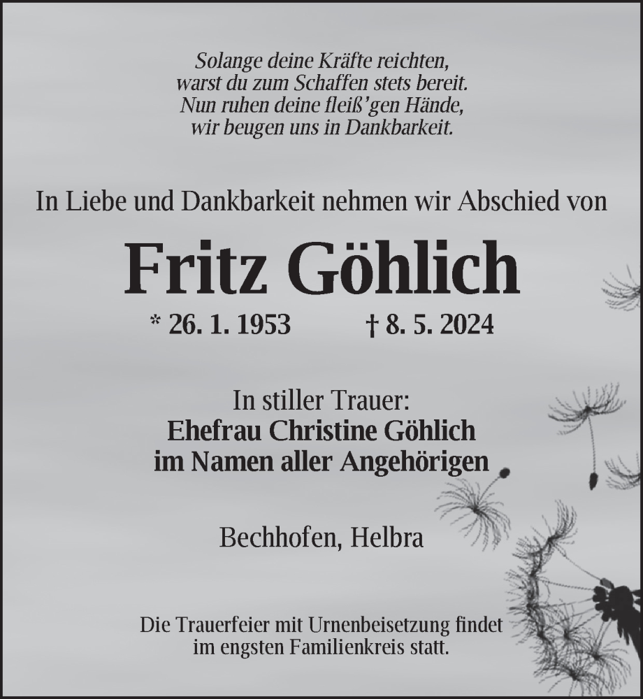  Traueranzeige für Fritz Göhlich vom 17.05.2024 aus GE