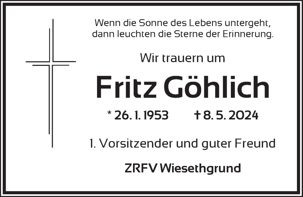  Traueranzeige für Fritz Göhlich vom 25.05.2024 aus Ansbach