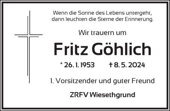 Traueranzeige von Fritz Göhlich von Ansbach