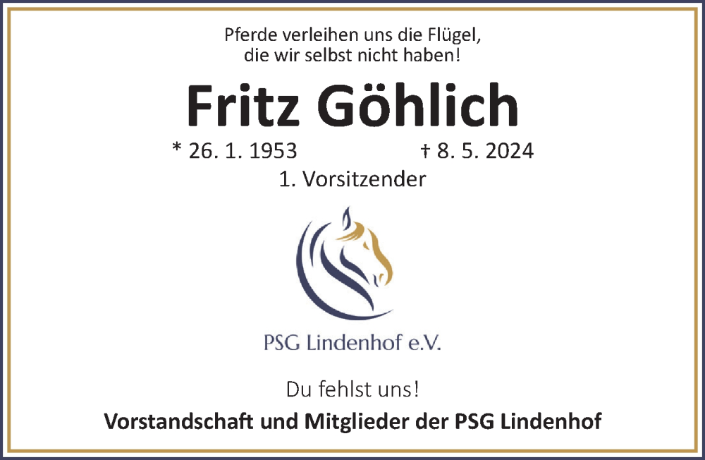  Traueranzeige für Fritz Göhlich vom 17.05.2024 aus GE
