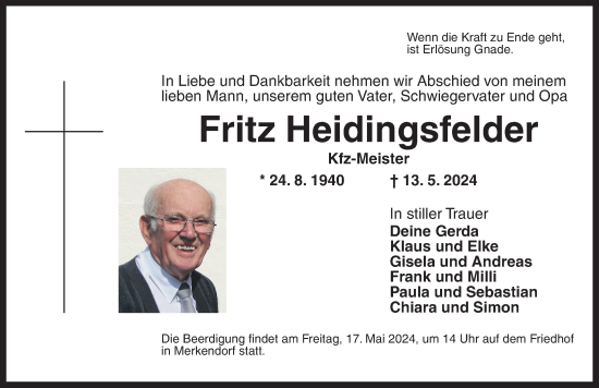 Traueranzeige von Fritz Heidingsfelder von Ansbach