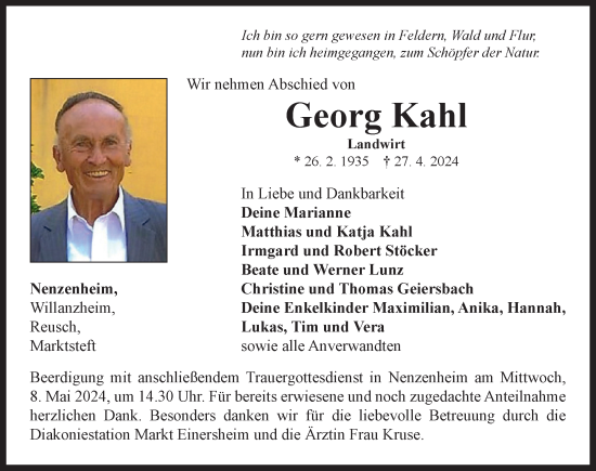 Traueranzeige von Georg Kahl von Neustadt/ Scheinfeld/ Uffenheim