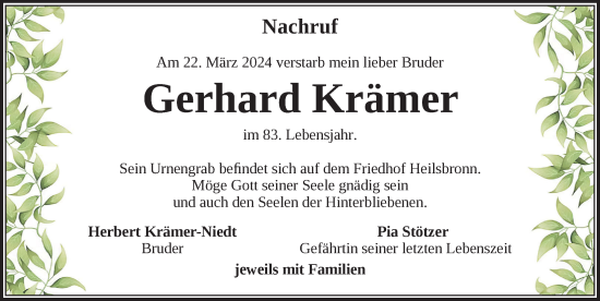 Traueranzeige von Gerhard Krämer von Ansbach