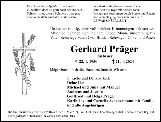 Traueranzeige von Gerhard Präger von Dinkelsbühl/ Feuchtwangen